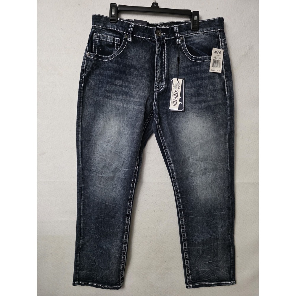 True Luck Men's Dark Blast Straight Leg Jeans White Stitching Accents Size 36x30